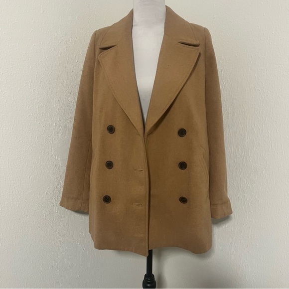 Old Navy Women’s Tan Small Peacoat Jacket Pockets 3 Buttons Trendy Wool Blend - Picture 1 of 8